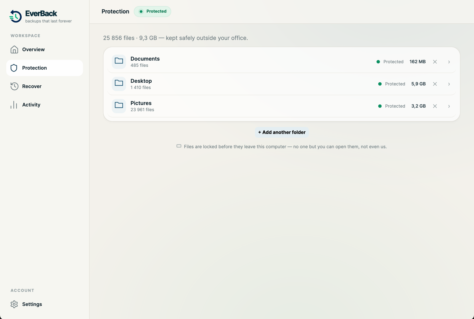 EverBack Protection: the folders being kept, with sizes