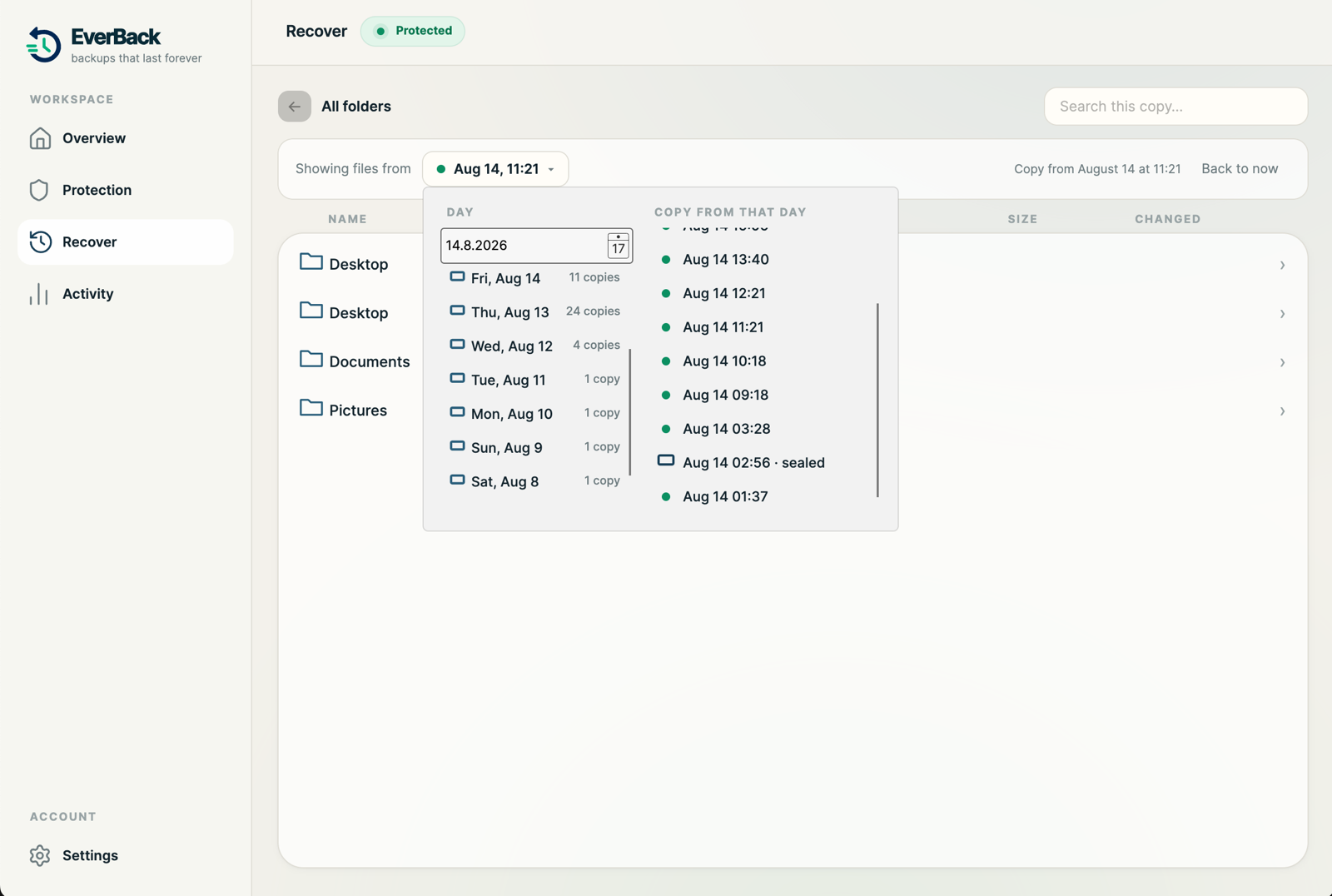 EverBack Recover: browsing files as they were on a chosen day